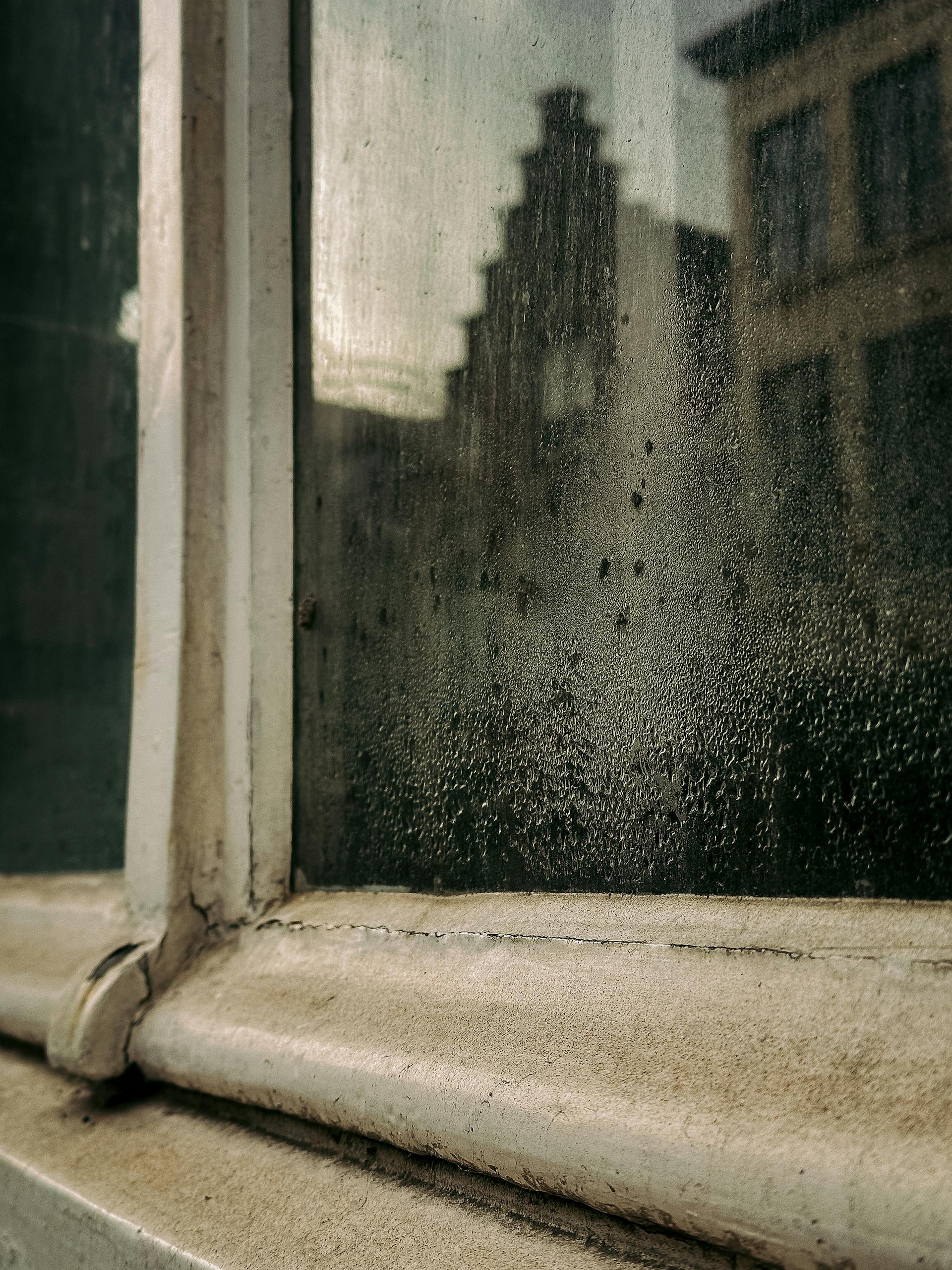 A moody view of Flemish architecture through a fogged-up window in Bruges, Belgium.